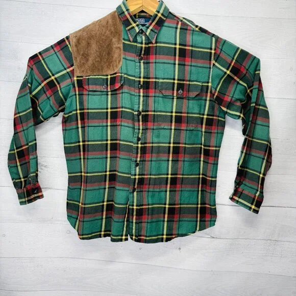 VTG Polo by Ralph Lauren Tartan Plaid Flannel Shirt Suede Shoulder Patch Size L - Picture 2 of 13